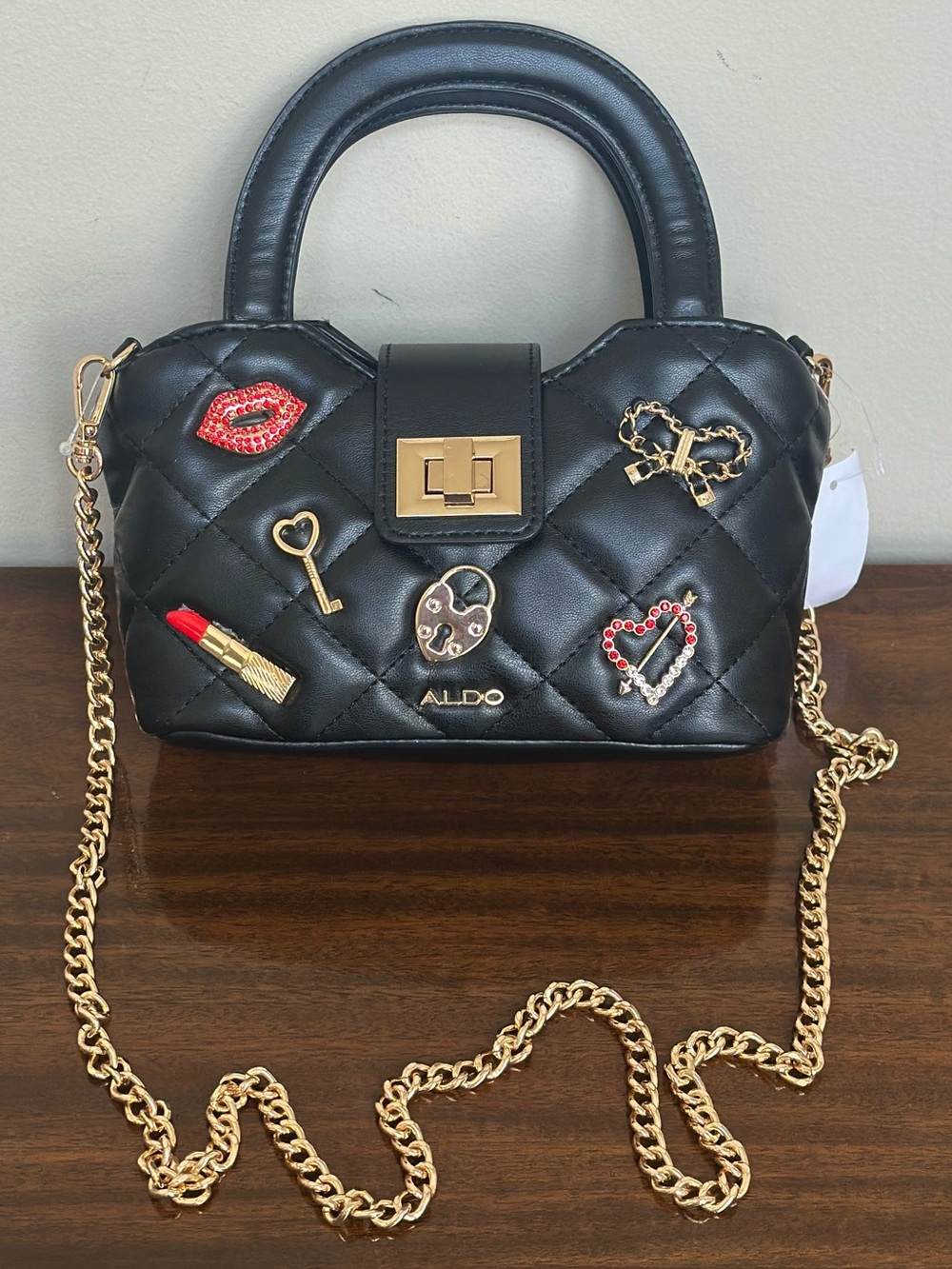 NWT - Aldo Black Quilted Crossbody with Gold Chain and Decorative Pins - Picture 5 of 11